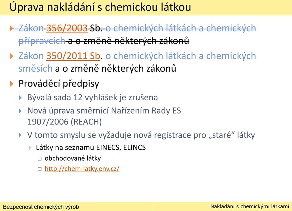 o chemických látkách a chemických směsích a o změně některých zákonů Prováděcí předpisy Bývalá sada 12 vyhlášek je