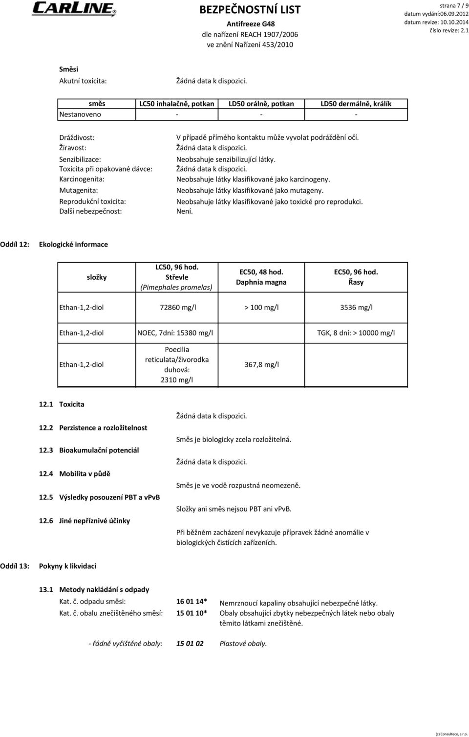 Neobsahuje látky klasifikované jako mutageny. Neobsahuje látky klasifikované jako toxické pro reprodukci. Není. Oddíl 12: Ekologické informace složky LC50, 96 hod.