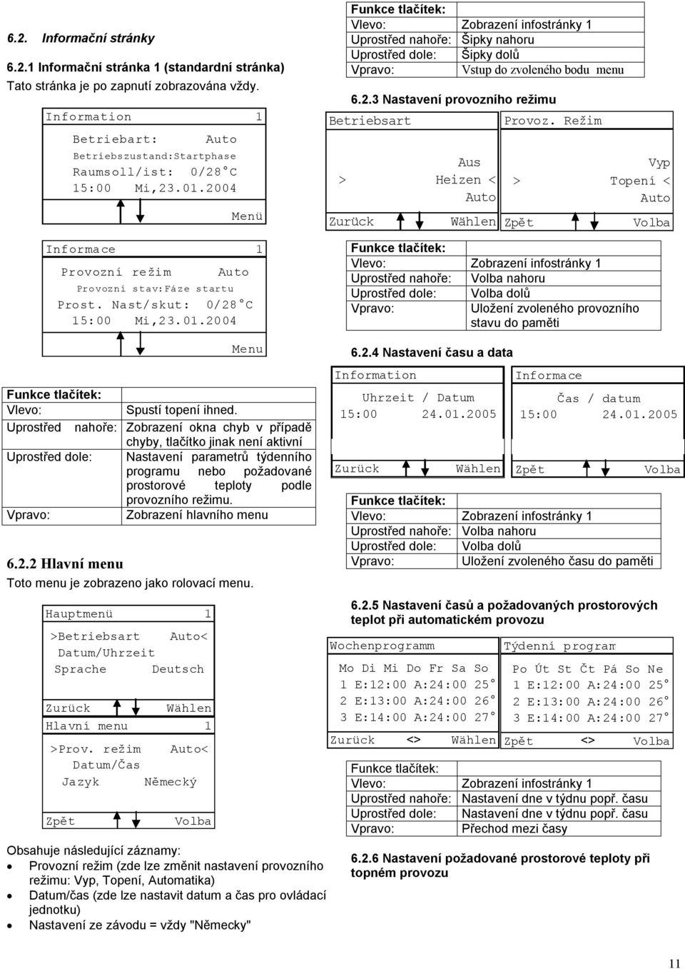 2004 Informace Provozní režim Provozní stav:fáze startu 1 Menü Auto Prost. Nast/skut: 0/28 C 15:00 Mi,23.01.