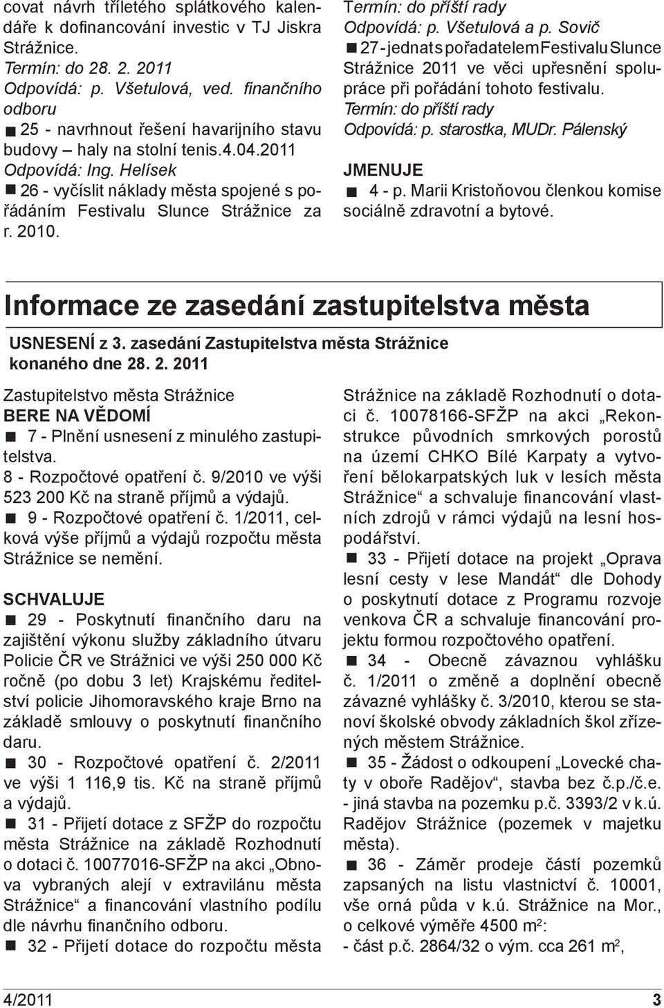 2010. Termín: do příští rady Odpovídá: p. Všetulová a p. Sovič 27 - jednat s pořadatelem Festivalu Slunce Strážnice 2011 ve věci upřesnění spolupráce při pořádání tohoto festivalu.