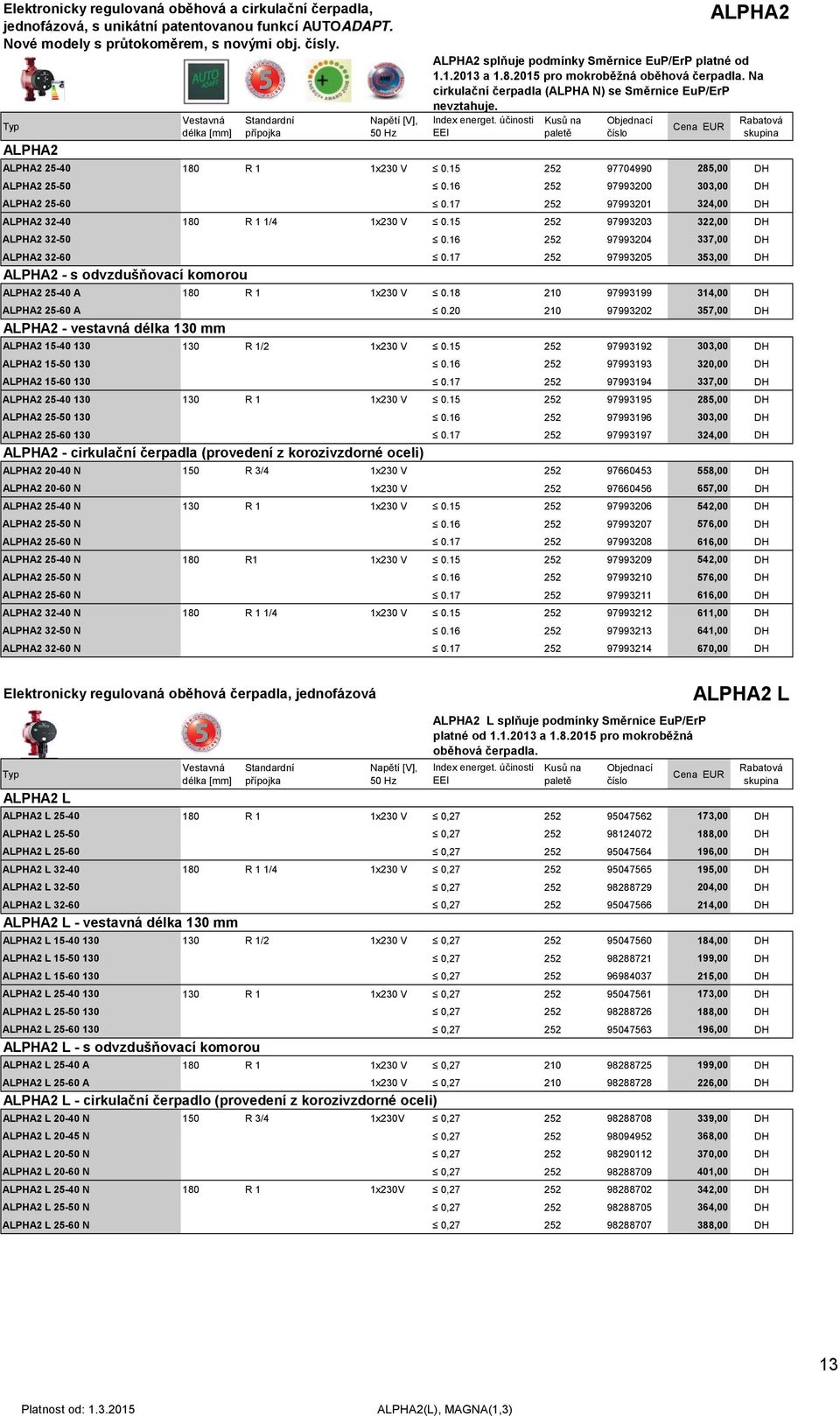 Na cirkulační čerpadla (ALPHA N) se Směrnice EuP/ErP nevztahuje. Index energet. účinosti EEI ALPHA2 25-40 180 R 1 1x230 V 0.15 252 97704990 285,00 DH ALPHA2 25-50 0.