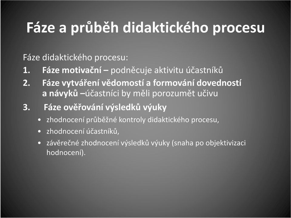 Fáze vytváření vědomostí a formování dovedností a návyků účastníci by měli porozumět učivu 3.