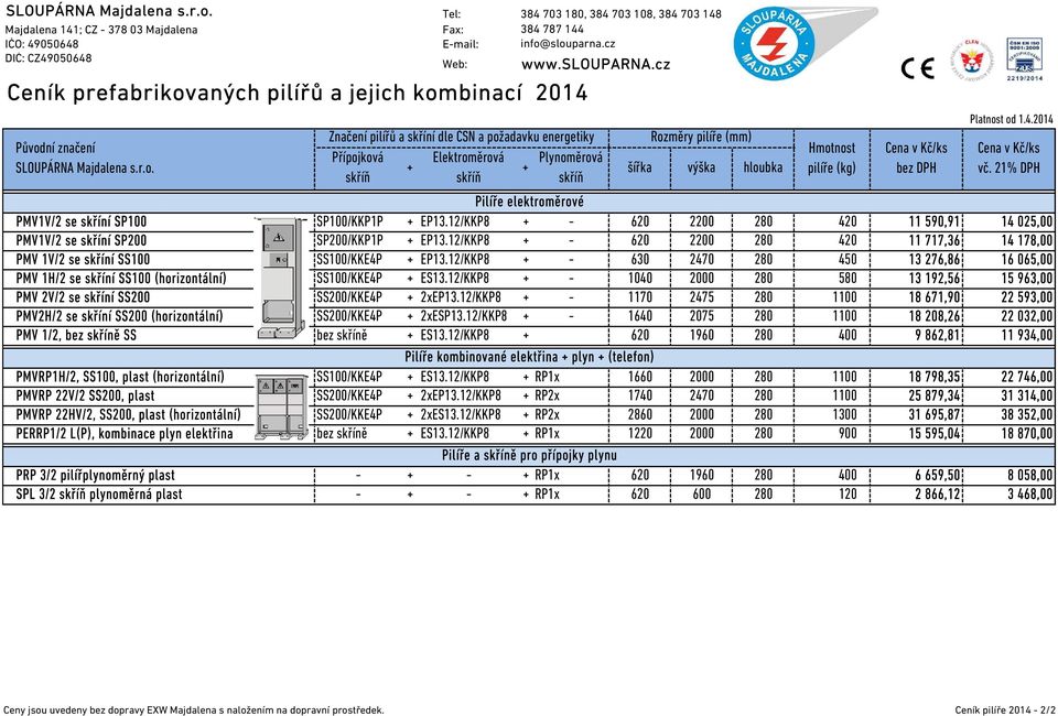 12/KKP8 + - 620 2200 280 420 11 590,91 14 025,00 PMV1V/2 se skříní SP200 SP200/KKP1P + EP13.12/KKP8 + - 620 2200 280 420 11 717,36 14 178,00 PMV 1V/2 se skříní SS100 SS100/KKE4P + EP13.