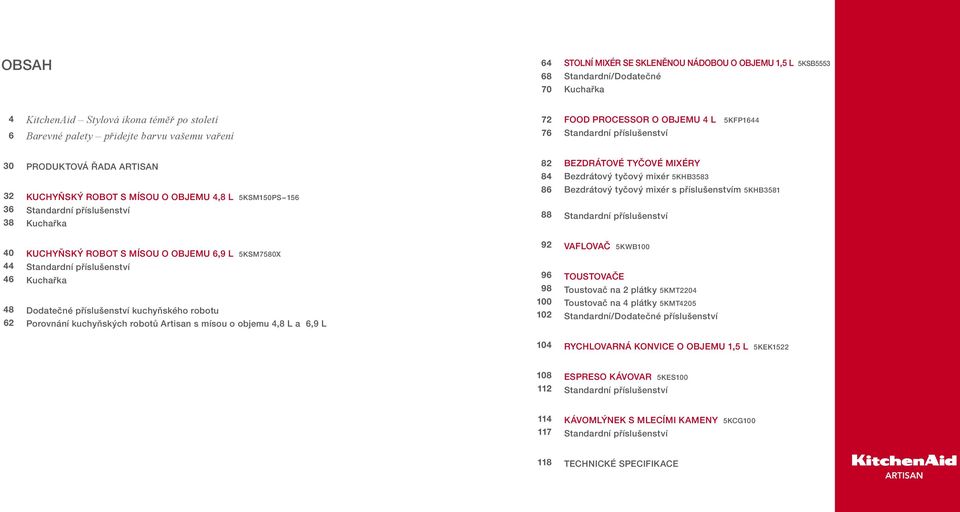 BEZDRÁTOVÉ TYČOVÉ MIXÉRY Bezdrátový tyčový mixér 5KHB3583 Bezdrátový tyčový mixér s příslušenstvím 5KHB3581 Standardní příslušenství 40 44 46 48 62 Kuchyňský robot s mísou o objemu 6,9 L 5KSM7580X