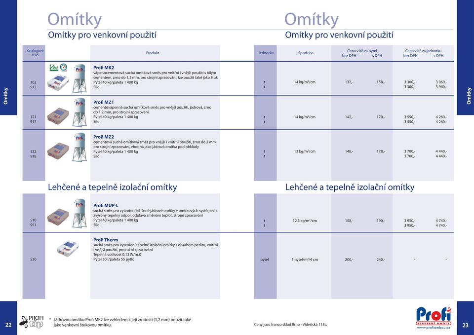 Pytel 40 kg/paleta 1 400 kg 917 Silo t 14 kg/m 2 /cm 132,- 158,- 3 300,- 3 960,- t 3 300,- 3 960,- t 14 kg/m 2 /cm 142,- 170,- 3 550,- 4 260,- t 3 550,- 4 260,- Profi MZ2 cementová suchá omítková