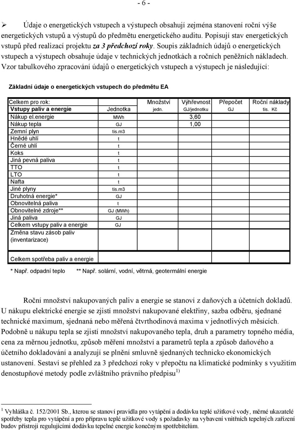 Soupis základních údajů o energetických vstupech a výstupech obsahuje údaje v technických jednotkách a ročních peněžních nákladech.