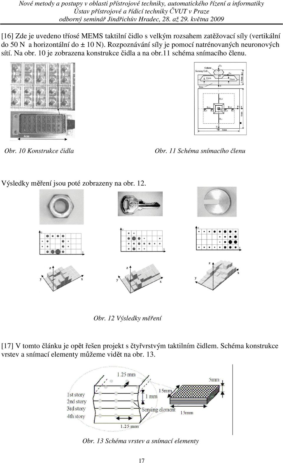 10 Konstrukce čidla Obr. 11 Schéma snímacího členu Výsledky měření jsou poté zobrazeny na obr. 12. Obr. 12 Výsledky měření [17] V tomto článku je opět řešen projekt s čtyřvrstvým taktilním čidlem.