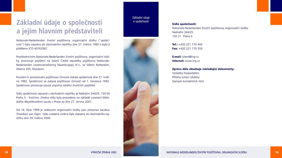 : +420 221 770 444 Fax: +420 221 770 555 Prostřednictvím Nationale-Nederlanden životní pojišťovny, organizační složky, provozuje pojištění na území České republiky pojišťovna Nationale- Nederlanden