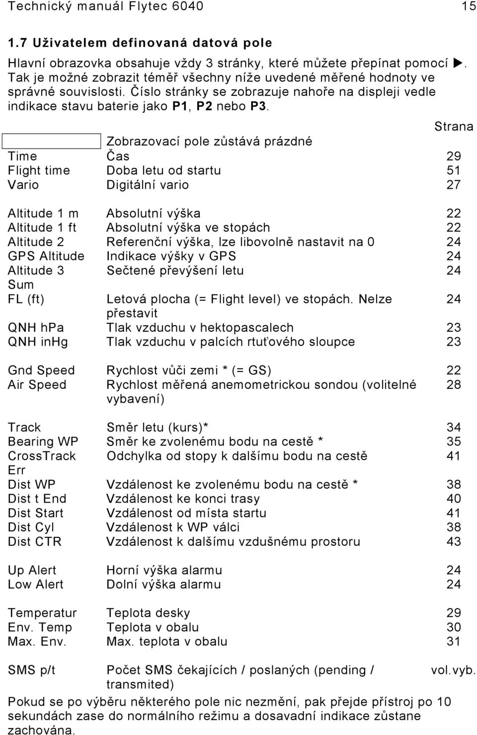 Strana Zobrazovací pole zůstává prázdné Time Čas 29 Flight time Doba letu od startu 51 Vario Digitální vario 27 Altitude 1 m Absolutní výška 22 Altitude 1 ft Absolutní výška ve stopách 22 Altitude 2