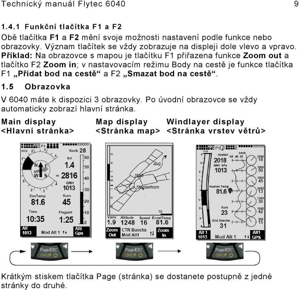 Příklad: Na obrazovce s mapou je tlačítku F1 přiřazena funkce Zoom out a tlačítko F2 Zoom in; v nastavovacím režimu Body na cestě je funkce tlačítka F1 Přidat bod na cestě a F2