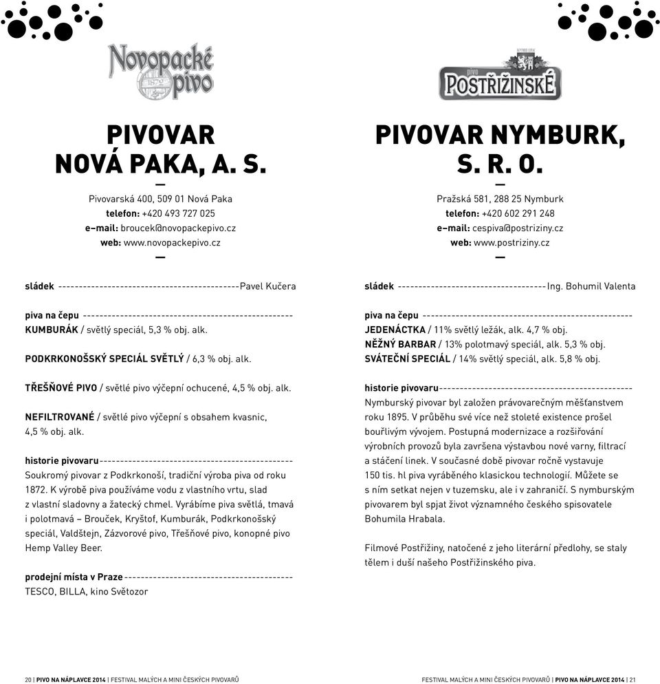 Bohumil Valenta KUMBURÁK / světlý speciál, 5,3 % obj. alk. PODKRKONOŠSKÝ SPECIÁL SVĚTLÝ / 6,3 % obj. alk. JEDENÁCTKA / 11% světlý ležák, alk. 4,7 % obj. NĚŽNÝ BARBAR / 13% polotmavý speciál, alk.