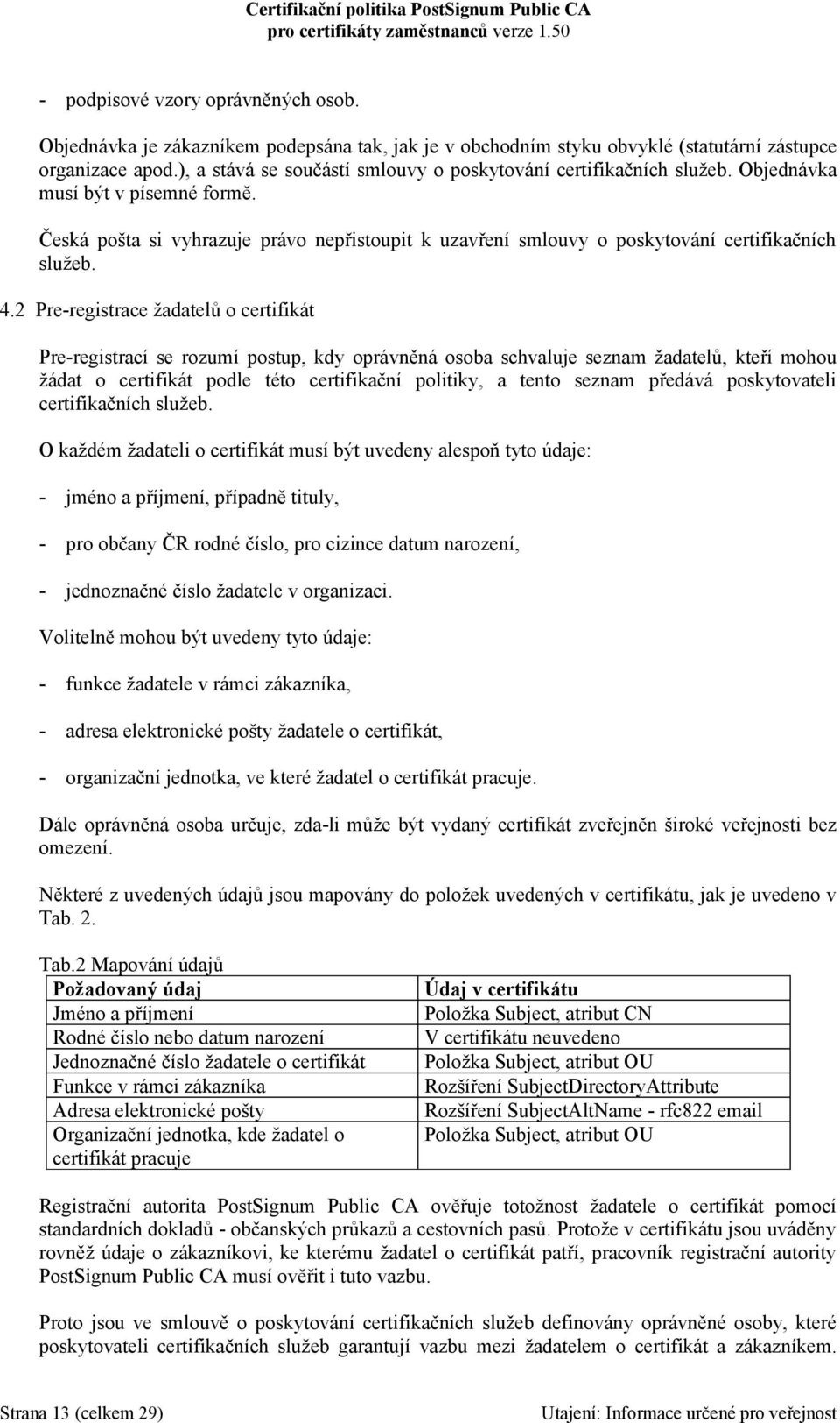 Česká pošta si vyhrazuje právo nepřistoupit k uzavření smlouvy o poskytování certifikačních služeb. 4.