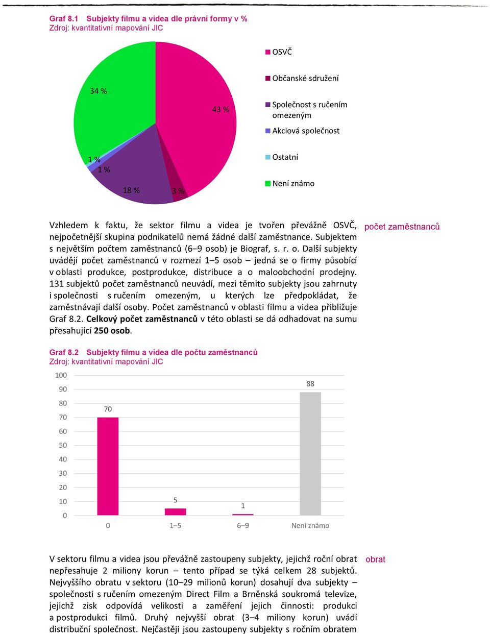 Vzhledem k faktu, že sektor filmu a videa je tvořen převážně OSVČ, nejpočetnější skupina podnikatelů nemá žádné další zaměstnance. Subjektem s největším počtem zaměstnanců (6 9 osob) je Biograf, s. r.