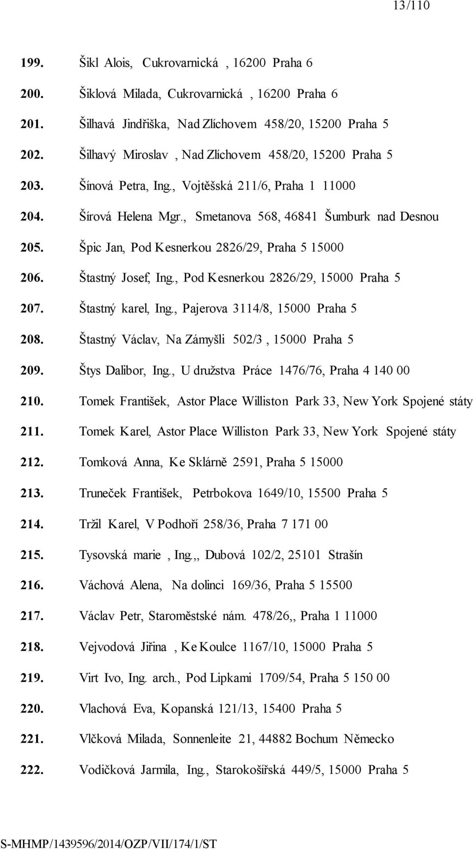 Špic Jan, Pod Kesnerkou 2826/29, Praha 5 15000 206. Štastný Josef, Ing., Pod Kesnerkou 2826/29, 15000 Praha 5 207. Štastný karel, Ing., Pajerova 3114/8, 15000 Praha 5 208.