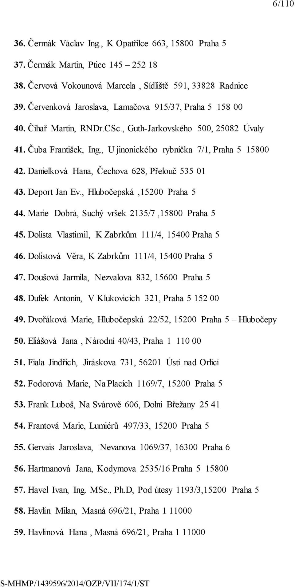 Danielková Hana, Čechova 628, Přelouč 535 01 43. Deport Jan Ev., Hlubočepská,15200 Praha 5 44. Marie Dobrá, Suchý vršek 2135/7,15800 Praha 5 45. Dolista Vlastimil, K Zabrkům 111/4, 15400 Praha 5 46.