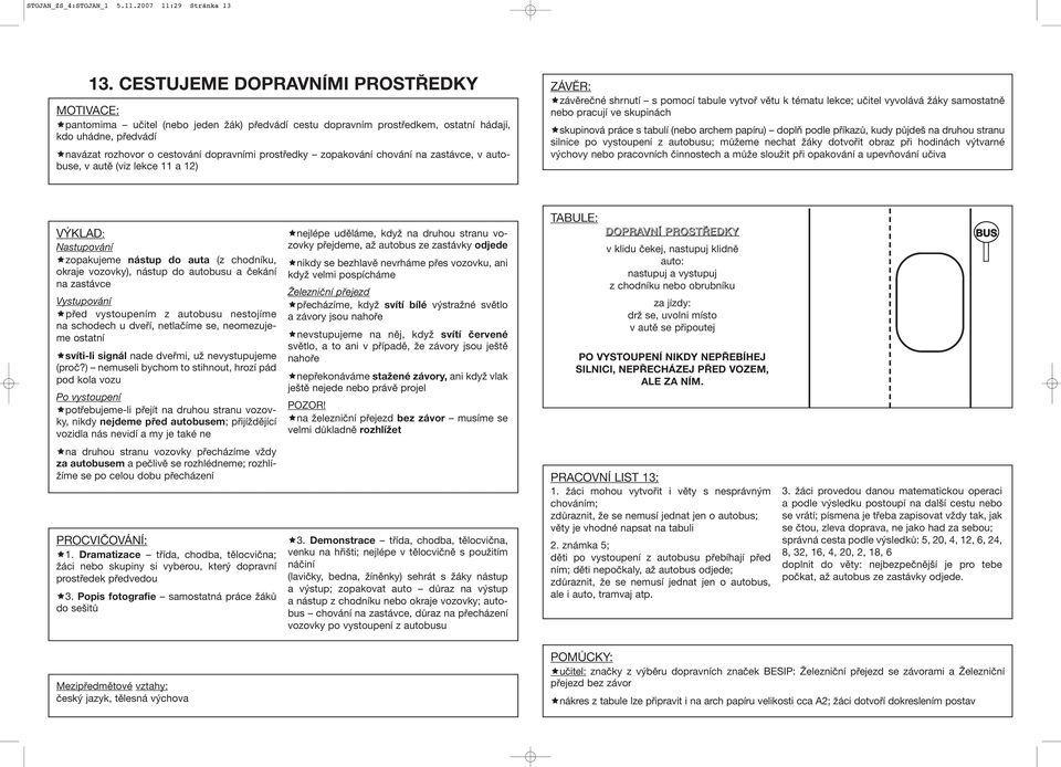 zopakování chování na zastávce, v autobuse, v autě (viz lekce 11 a 12) závěrečné shrnutí s pomocí tabule vytvoř větu k tématu lekce; učitel vyvolává žáky samostatně nebo pracují ve skupinách