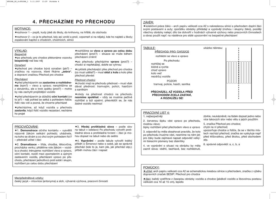 zopakování kapitol o chodcích, chodnících, silnici kolektivní práce žáků arch papíru velikosti cca A2 s nakreslenou silnicí a přechodem doplní žáci svými postavami a auty; zpočátku obrázky přikládají