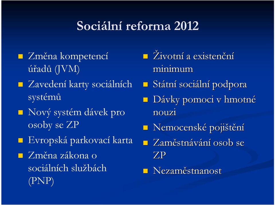 sociálních službách (PNP) Životní a existenční minimum Státn tní sociáln lní