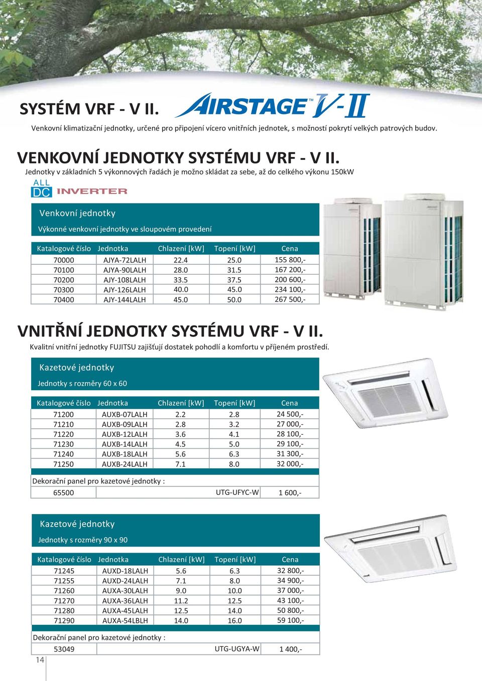 0 155 800,- 70100 JY-90LLH 28.0 31.5 167 200,- 70200 JY-108LLH 33.5 37.5 200 600,- 70300 JY-126LLH 40.0 45.0 234 100,- 70400 JY-144LLH 45.0 50.0 267 500,- VNITŘNÍ JEDNOTKY SYSTÉMU VRF - V II.