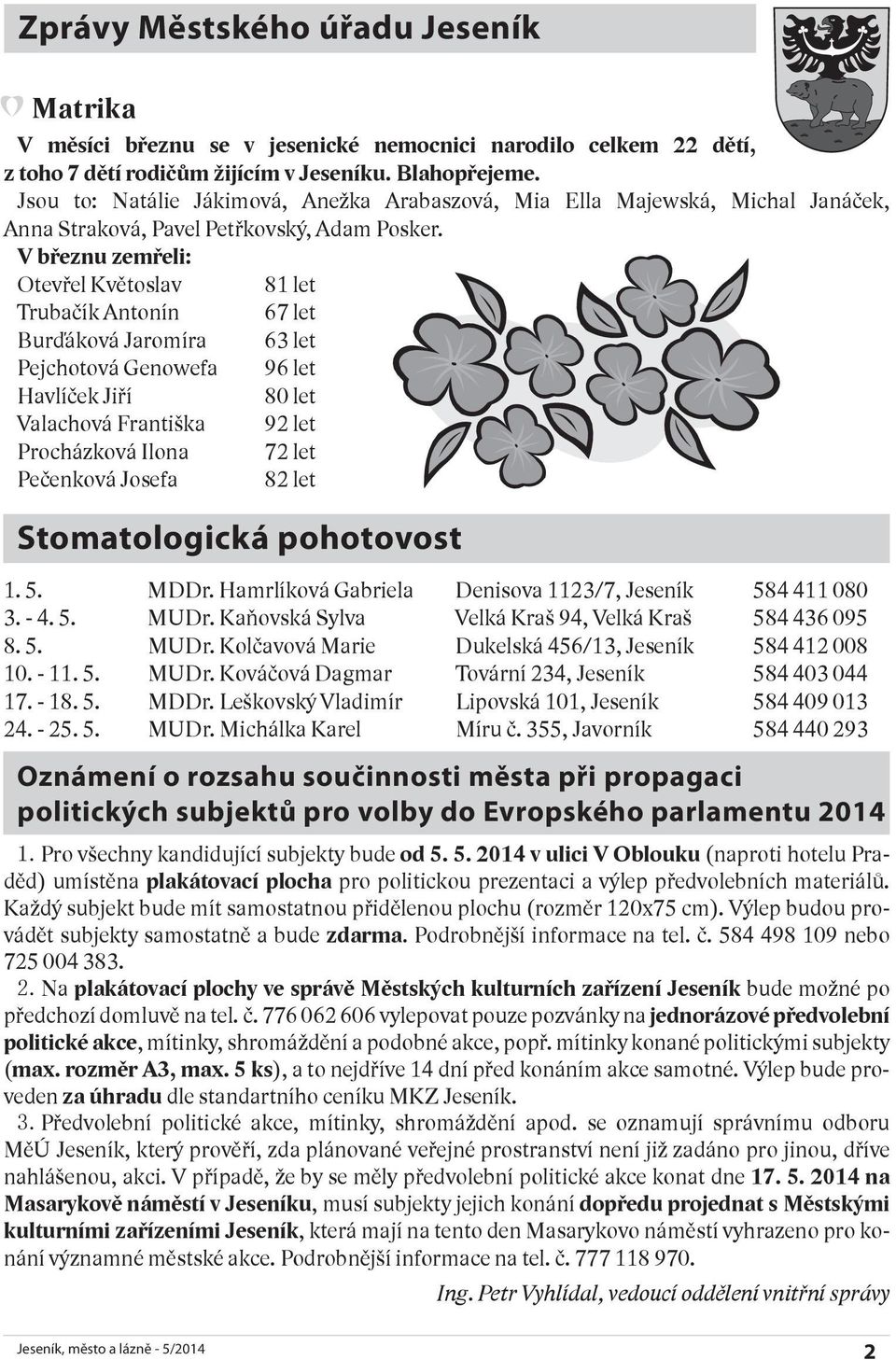 V březnu zemřeli: Otevřel Květoslav Trubačík Antonín Burďáková Jaromíra Pejchotová Genowefa Havlíček Jiří Valachová Františka Procházková Ilona Pečenková Josefa 81 let 67 let 63 let 96 let 80 let 92