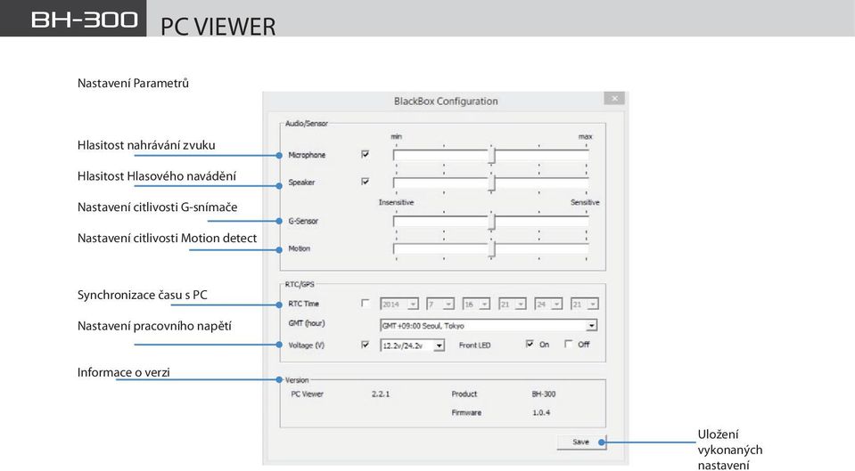 Nastavení citlivosti Motion detect Synchronizace času s PC