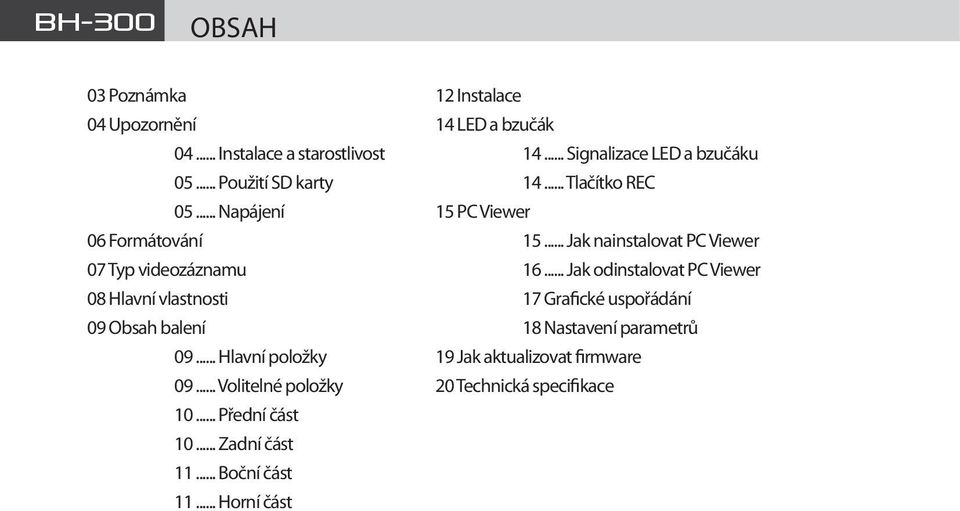 .. Jak odinstalovat PC Viewer 08 Hlavní vlastnosti 17 Grafické uspořádání 09 Obsah balení 18 Nastavení parametrů 09.