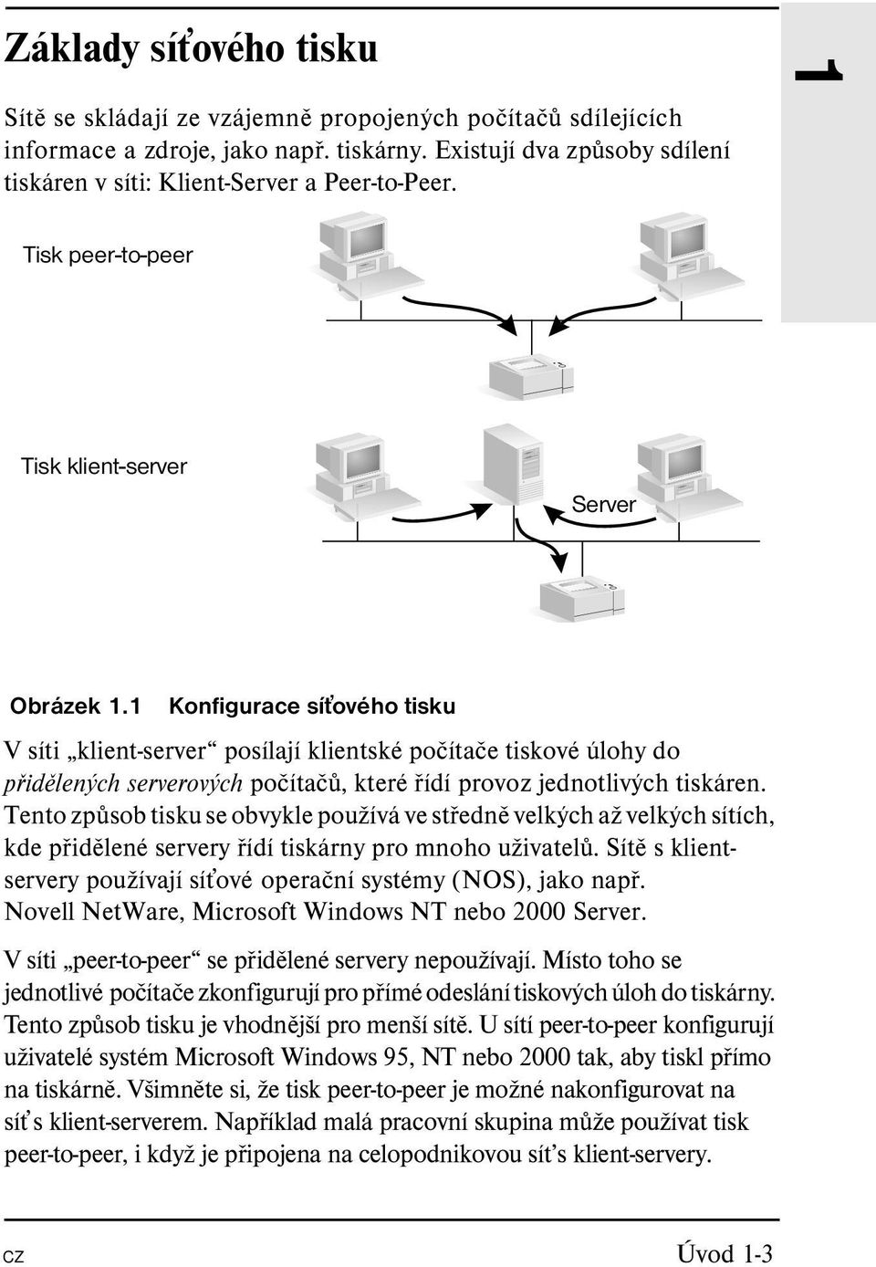 1 Konfigurace sít ového tisku V síti klient-server posílají klientské počítače tiskové úlohy do přidělených serverových počítačů, které řídí provoz jednotlivých tiskáren.