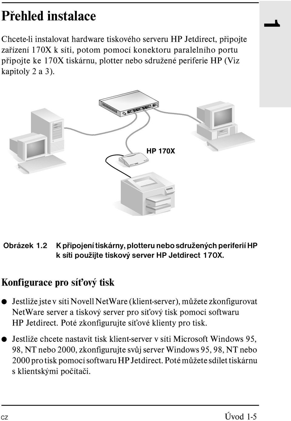 Konfigurace pro sít ový tisk Jestliže jste v síti Novell NetWare (klient-server), můžete zkonfigurovat NetWare server a tiskový server pro sít ový tisk pomocí softwaru HP Jetdirect.