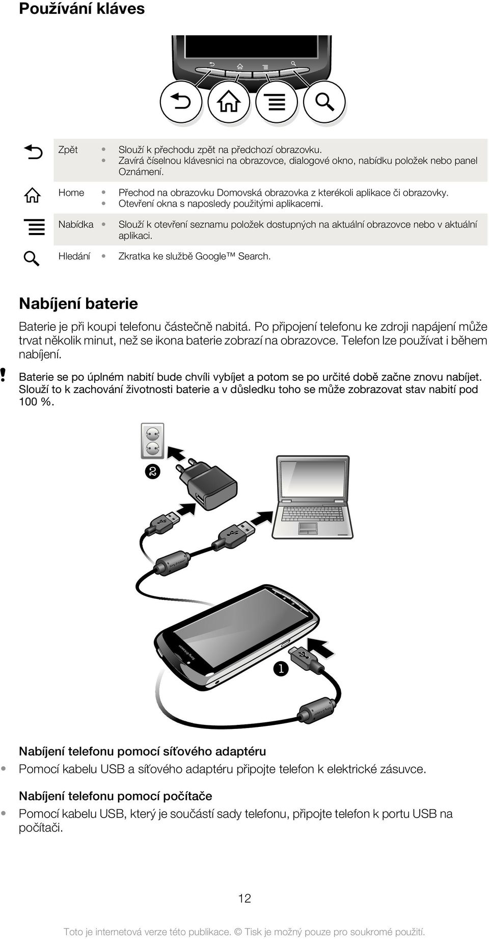 Nabídka Slouží k otevření seznamu položek dostupných na aktuální obrazovce nebo v aktuální aplikaci. Hledání Zkratka ke službě Google Search.