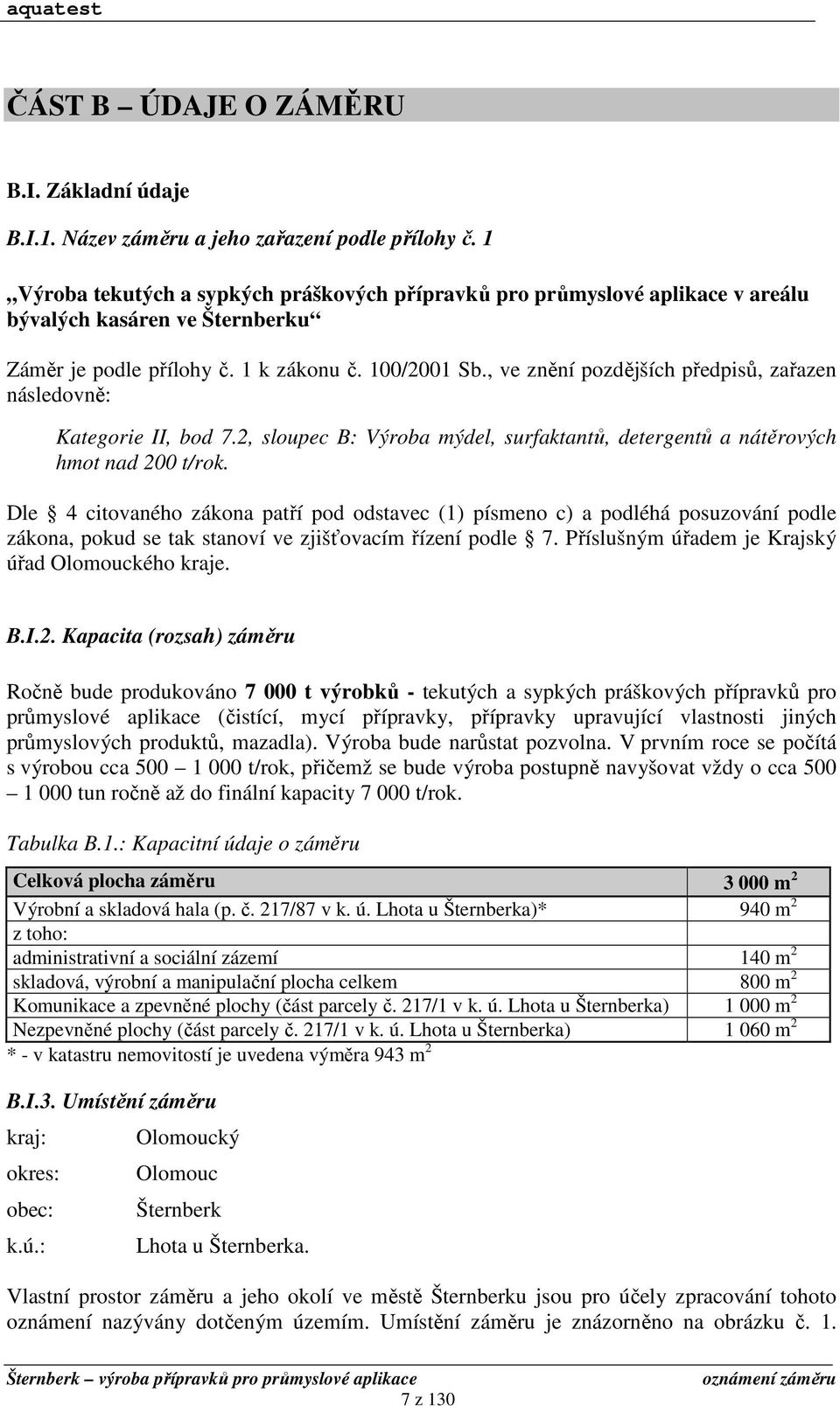 , ve znění pozdějších předpisů, zařazen následovně: Kategorie II, bod 7.2, sloupec B: Výroba mýdel, surfaktantů, detergentů a nátěrových hmot nad 200 t/rok.