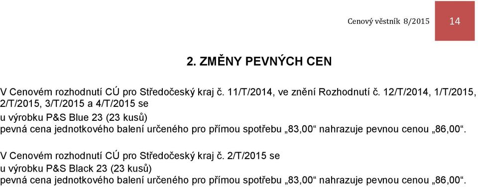 12/T/2014, 1/T/2015, 2/T/2015, 3/T/2015 a 4/T/2015 se u výrobku P&S Blue 23 (23 kusů) pevná cena jednotkového balení