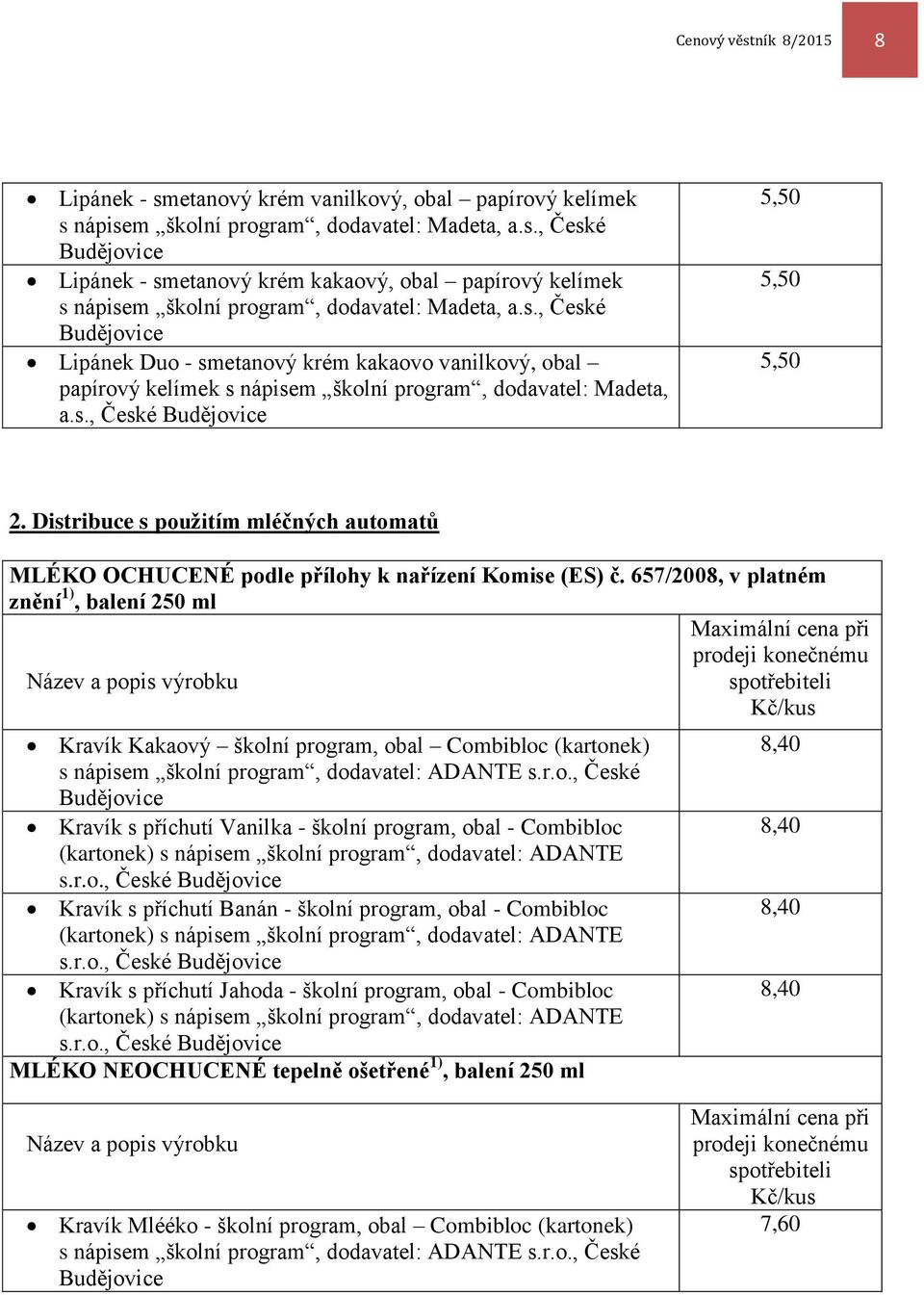 Distribuce s použitím mléčných automatů MLÉKO OCHUCENÉ podle přílohy k nařízení Komise (ES) č.