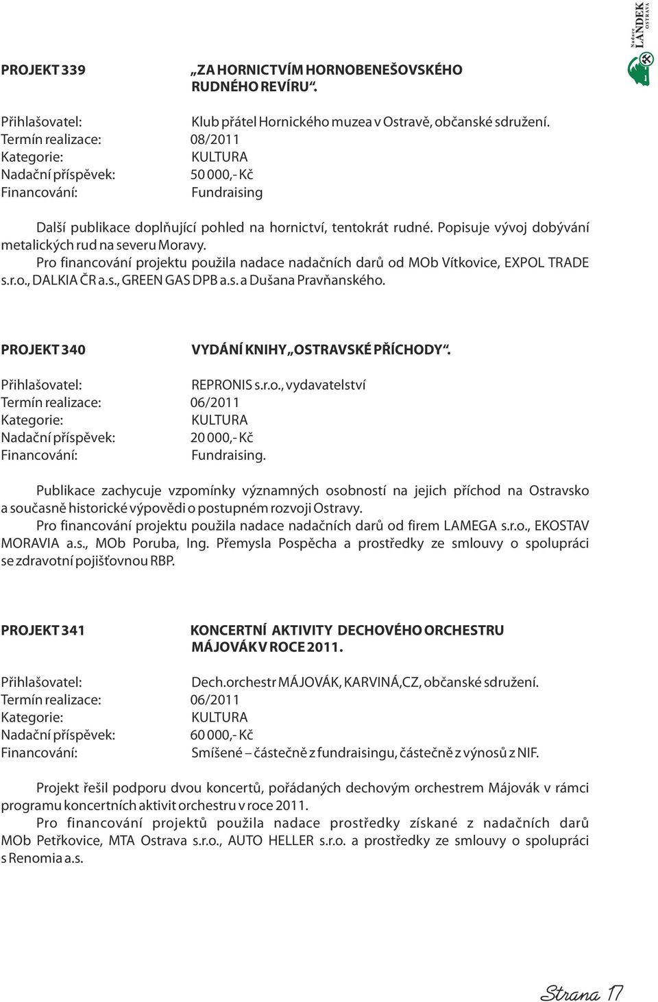 Pro financování projektu použila nadace nadačních darů od MOb Vítkovice, EXPOL TRADE s.r.o., DALKIA ČR a.s., GREEN GAS DPB a.s. a Dušana Pravňanského. PROJEKT 340 VYDÁNÍ KNIHY OSTRAVSKÉ PŘÍCHODY.