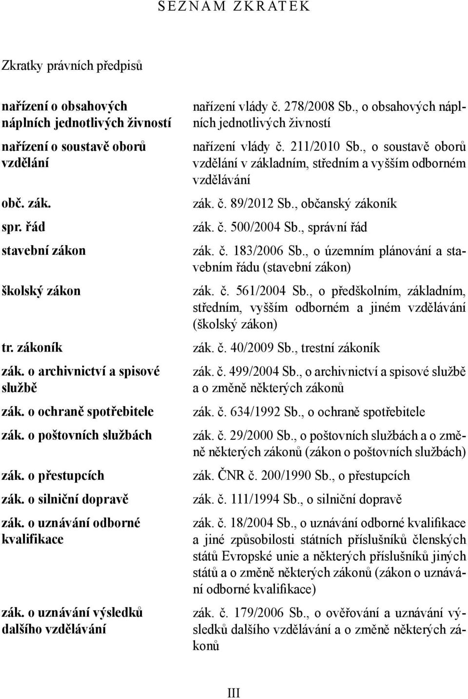 o uznávání výsledků dalšího vzdělávání nařízení vlády č. 278/2008 Sb., o obsahových náplních jednotlivých živností nařízení vlády č. 211/2010 Sb.