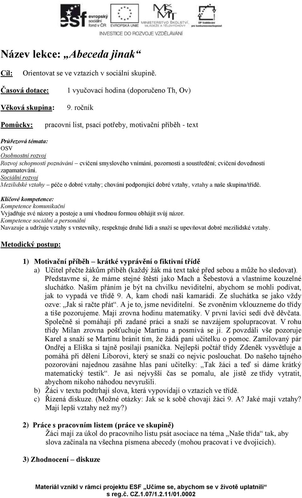 dovedností zapamatování. Sociální rozvoj Mezilidské vztahy péče o dobré vztahy; chování podporující dobré vztahy, vztahy a naše skupina/třídě.