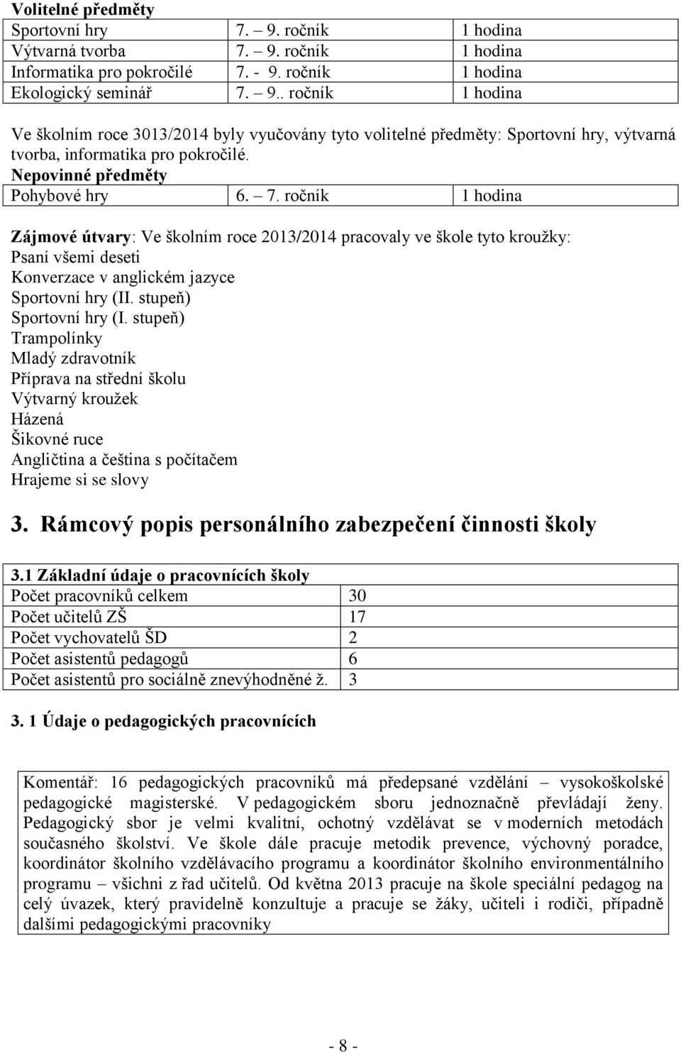 stupeň) Sportovní hry (I. stupeň) Trampolínky Mladý zdravotník Příprava na střední školu Výtvarný kroužek Házená Šikovné ruce Angličtina a čeština s počítačem Hrajeme si se slovy 3.