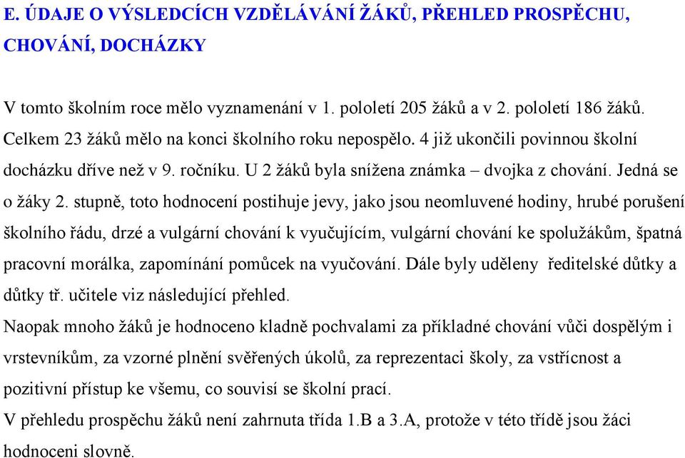 stupně, toto hodnocení postihuje jevy, jako jsou neomluvené hodiny, hrubé porušení školního řádu, drzé a vulgární chování k vyučujícím, vulgární chování ke spolužákům, špatná pracovní morálka,