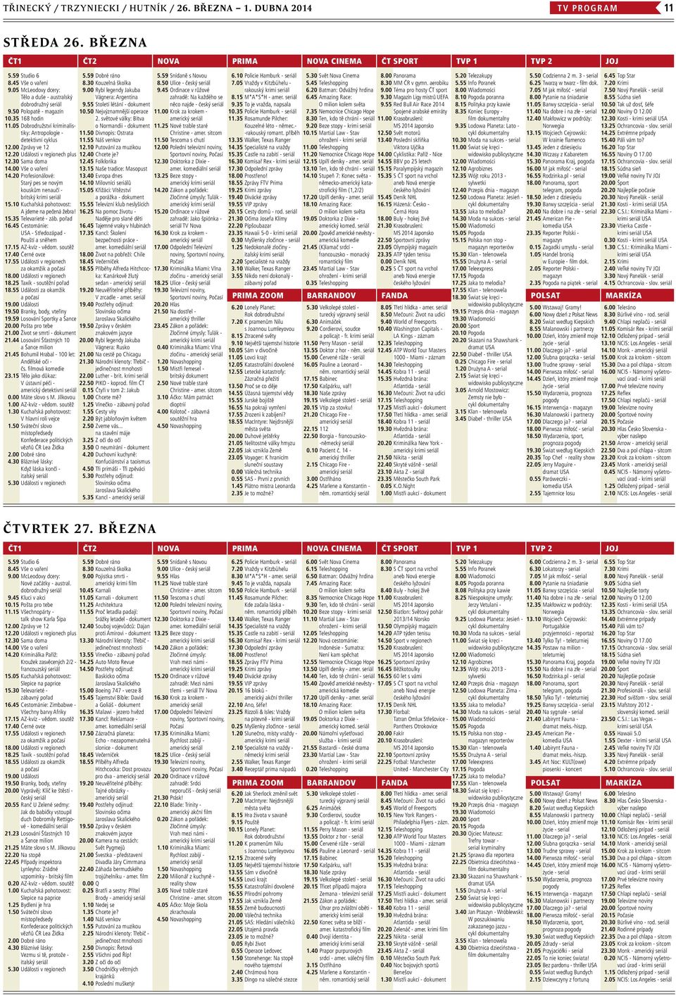 20 Události v regionech plus 12.30 Sama doma 14.00 Vše o vaření 14.20 Profesionálové: Starý pes se novým kouskům nenaučí - britský krimi seriál 15.10 Kuchařská pohotovost: A jdeme na pečená žebra! 15.35 Televarieté - záb.