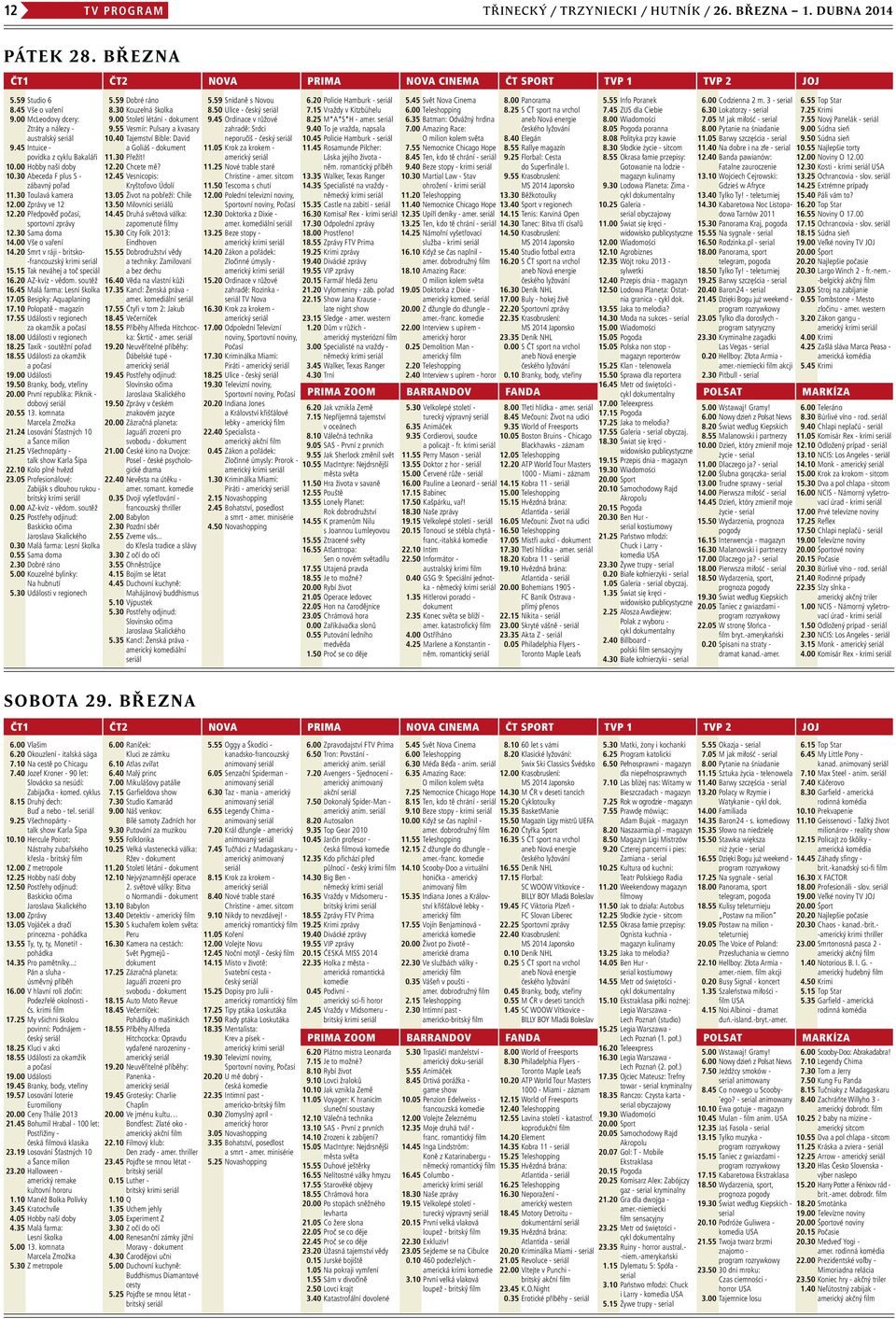 20 Předpověď počasí, sportovní zprávy 12.30 Sama doma 14.00 Vše o vaření 14.20 Smrt v ráji - britsko- -francouzský krimi seriál 15.15 Tak neváhej a toč speciál 16.20 AZ-kvíz - vědom. soutěž 16.