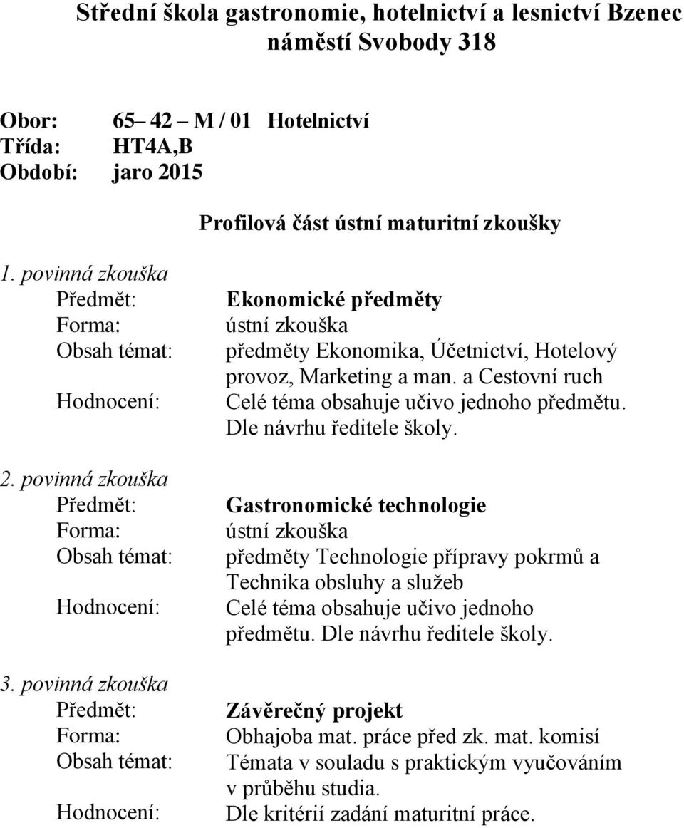 a Cestovní ruch Celé téma obsahuje učivo jednoho předmětu. Dle návrhu ředitele školy.