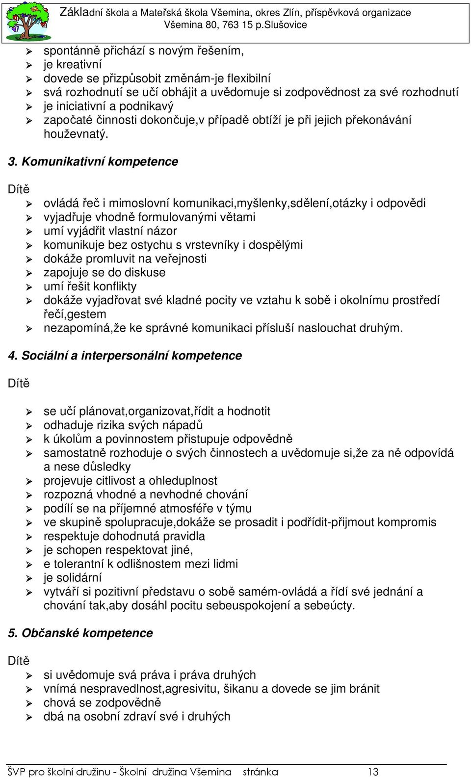 Komunikativní kompetence Dítě ovládá řeč i mimoslovní komunikaci,myšlenky,sdělení,otázky i odpovědi vyjadřuje vhodně formulovanými větami umí vyjádřit vlastní názor komunikuje bez ostychu s