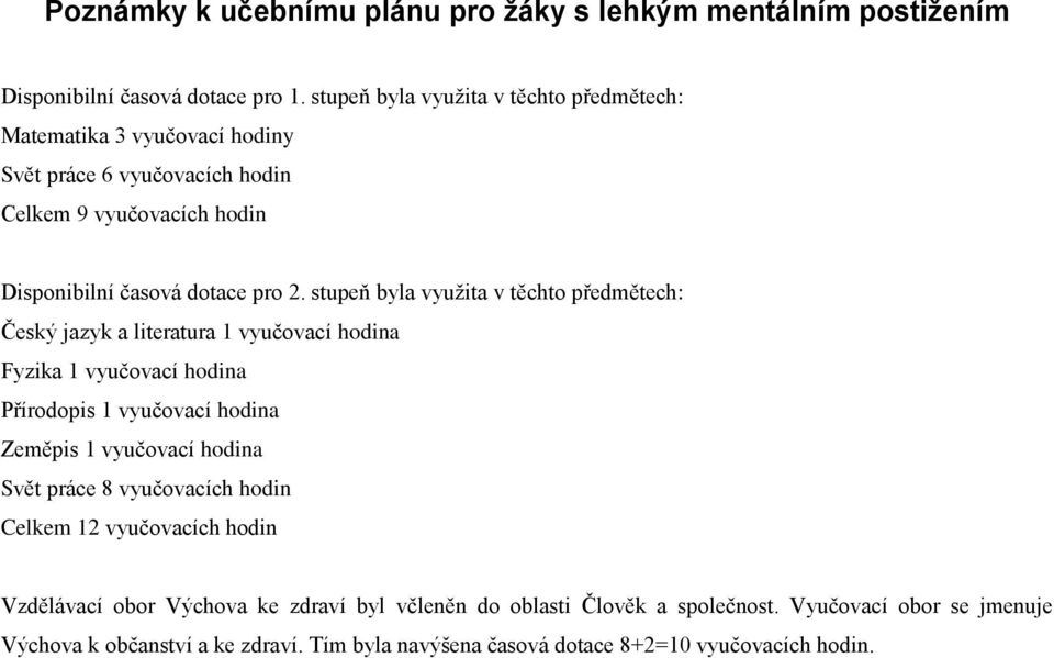 stupeň byla využita v těchto předmětech: Český jazyk a literatura 1 vyučovací hodina Fyzika 1 vyučovací hodina Přírodopis 1 vyučovací hodina Zeměpis 1 vyučovací hodina