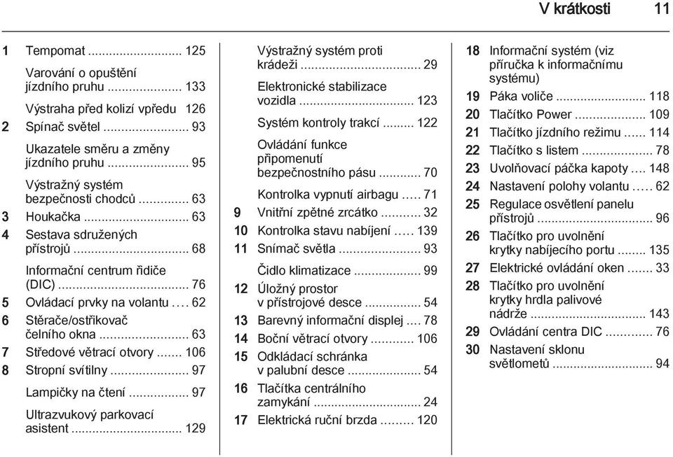 .. 62 6 Stěrače/ostřikovač čelního okna... 63 7 Středové větrací otvory... 106 8 Stropní svítilny... 97 Lampičky na čtení... 97 Ultrazvukový parkovací asistent... 129 Výstražný systém proti krádeži.