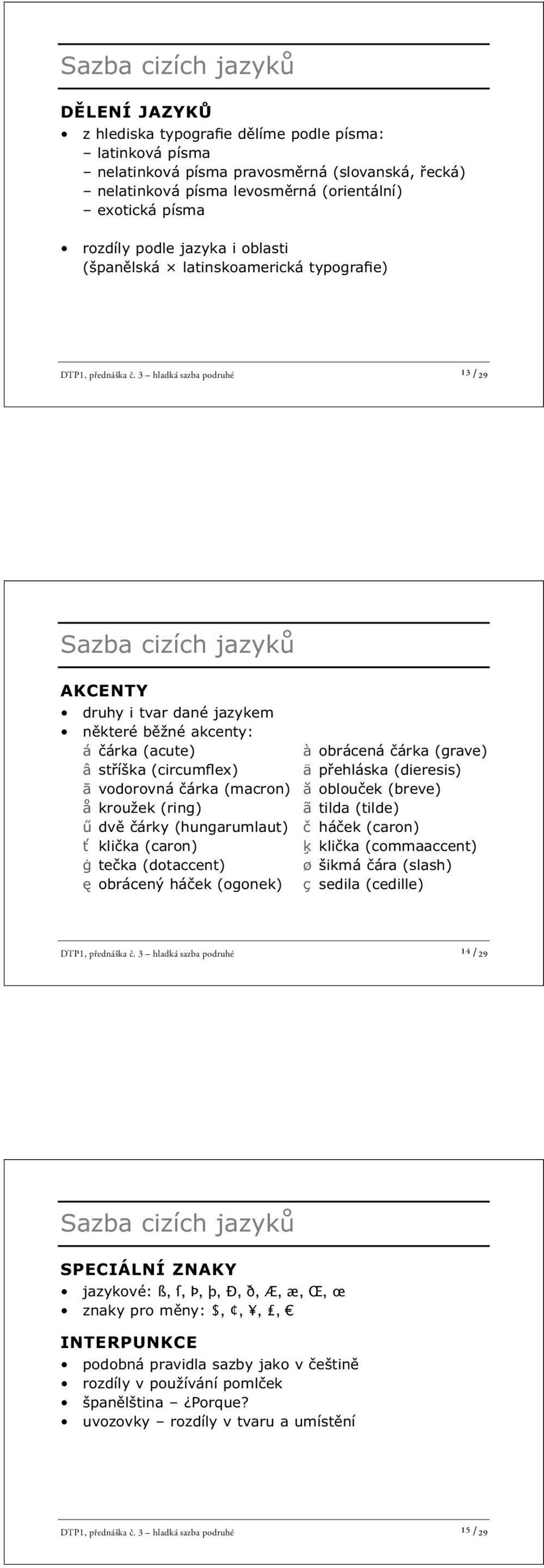 3 hladká sazba podruhé ¹³ /29 Sazba cizích jazyků AKCENTY druhy i tvar dané jazykem některé běžné akcenty: á čárka (acute) à obrácená čárka (grave) â stříška (circumflex) ä přehláska (dieresis) ā