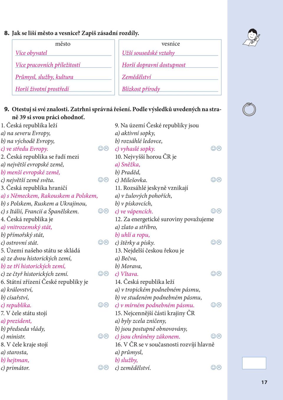 Otestuj si své znalosti. Zatrhni správná řešení. Podle výsledků uvedených na straně 39 si svou práci ohodnoť. 1. Česká republika leží 9.