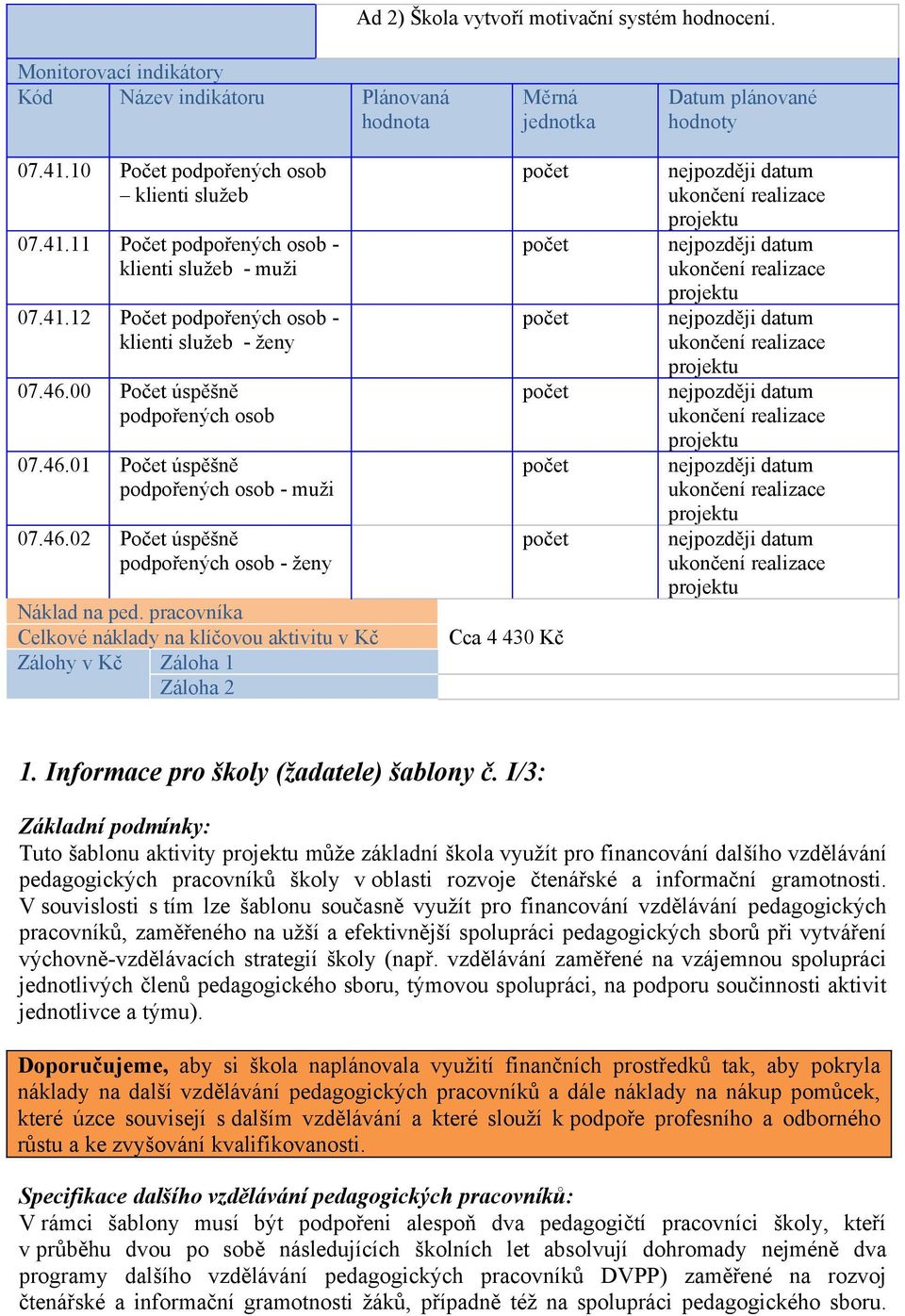 46.02 úspěšně podpořených osob - ženy Náklad na ped. pracovníka Celkové náklady na klíčovou aktivitu v Kč Zálohy v Kč Záloha 1 Záloha 2 počet počet počet počet počet počet Cca 4 430 Kč 1.