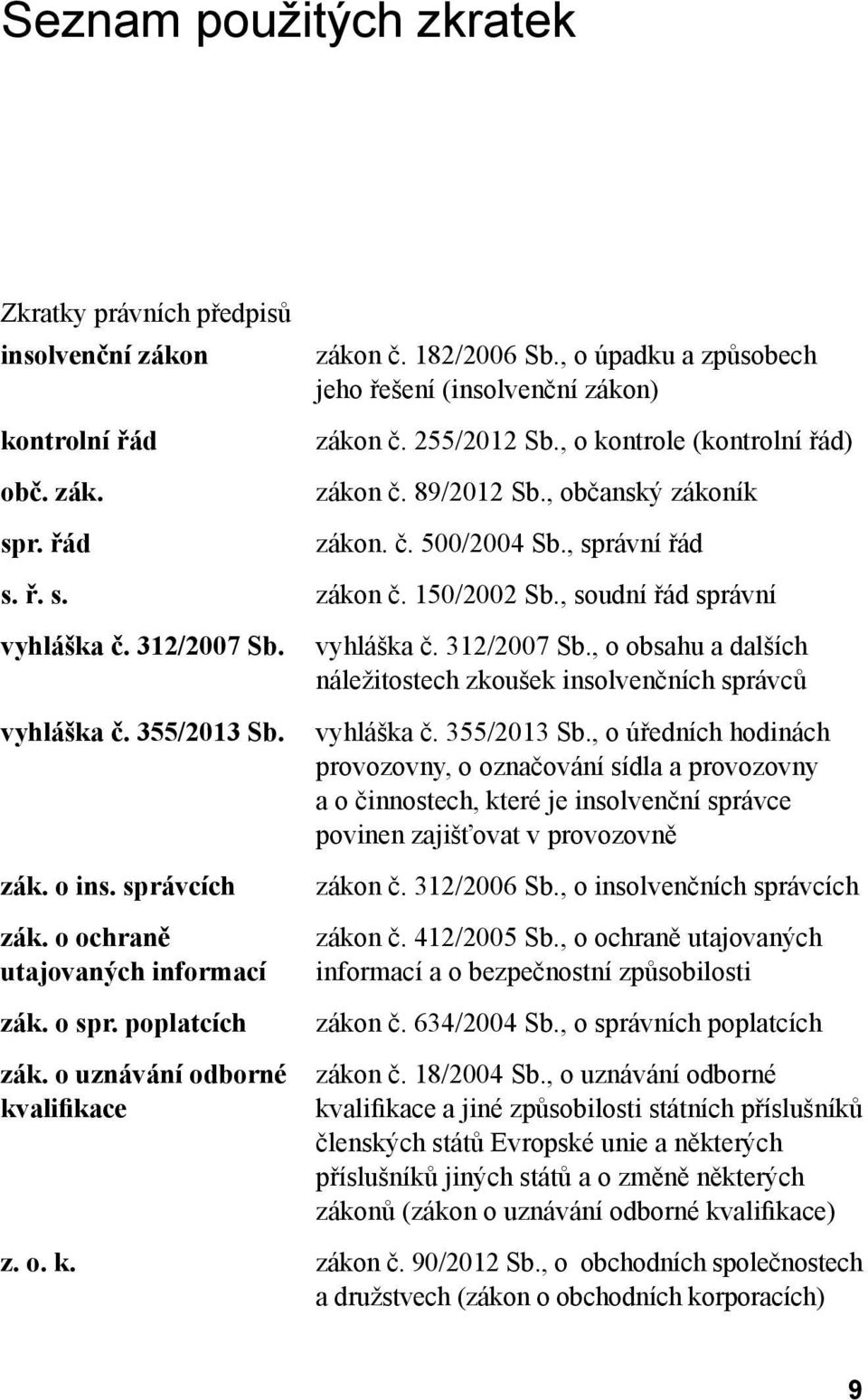 zák. o ins. správcích zák. o ochraně utajovaných informací zák. o spr. poplatcích zák. o uznávání odborné kvalifikace vyhláška č. 312/2007 Sb.