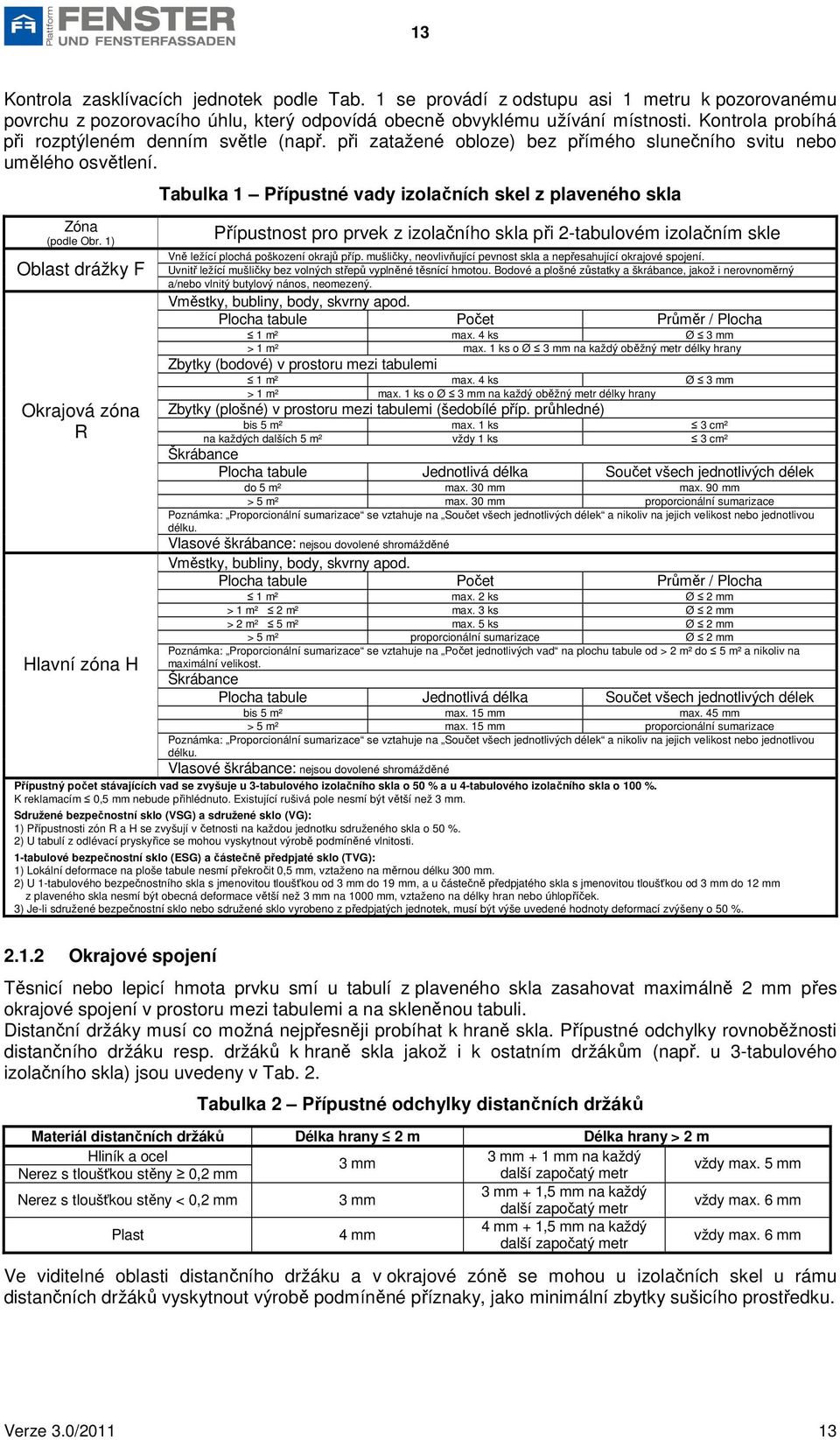 1) Oblast drážky F Okrajová zóna R Hlavní zóna H Tabulka 1 Přípustné vady izolačních skel z plaveného skla Přípustnost pro prvek z izolačního skla při 2-tabulovém izolačním skle Vně ležící plochá