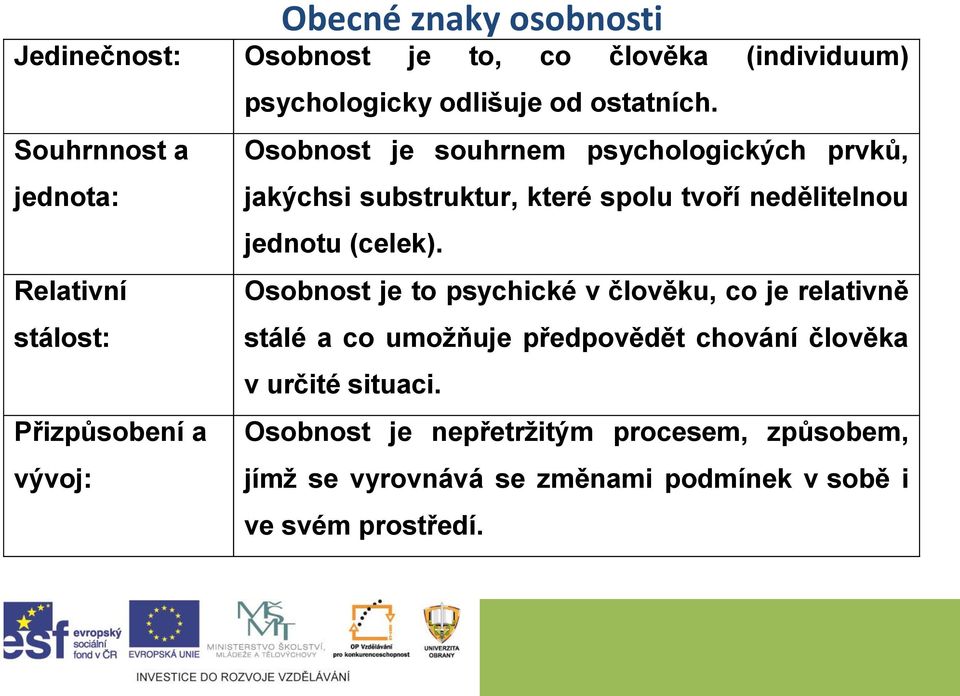 Osobnost je souhrnem psychologických prvků, jakýchsi substruktur, které spolu tvoří nedělitelnou jednotu (celek).