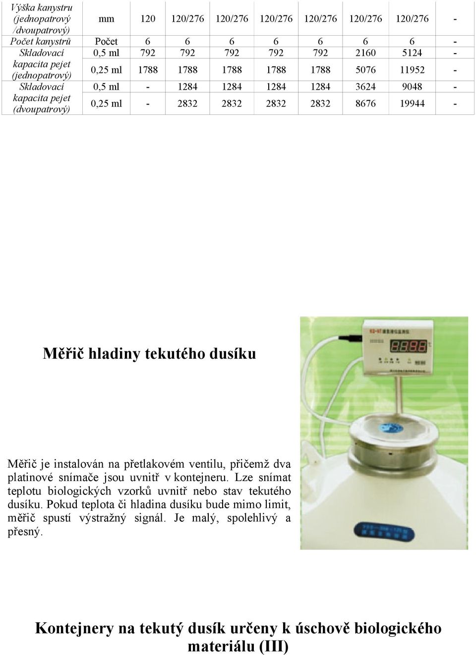 hladiny tekutého dusíku Měřič je instalován na přetlakovém ventilu, přičemž dva platinové snímače jsou uvnitř v.